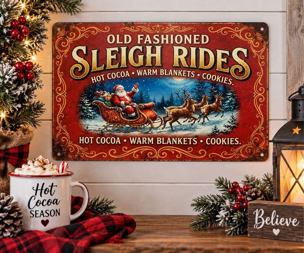 Old Fashioned Sleigh Rides Christmas Metal Sign 8x12 Santa Decor New